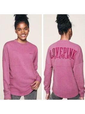 Vs Victorias Secret Pink Varsity Crew Sweater Jacket Top Pink Thrill Acid Wash M